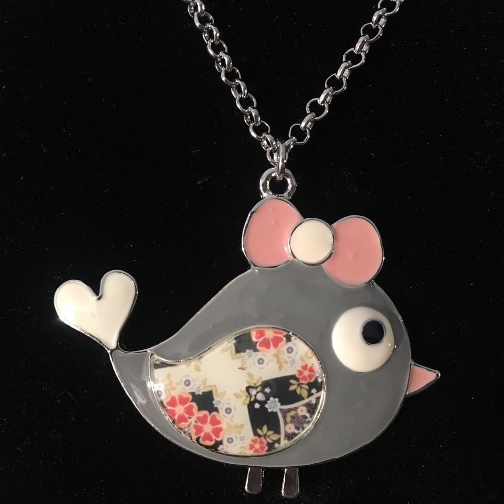 3/$25 Long Enameled Gray Bird Pendant Necklace